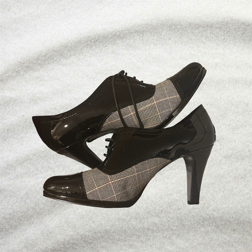 Anne Klein Oxford Plaid Lace-Up Stiletto Pump Heels Black Womens 9.5
